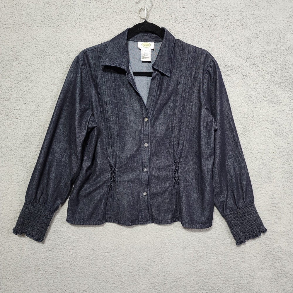 TALBOTS Women's Denim Style Cuffed Sized Large Petite Button Front Dressy Blouse